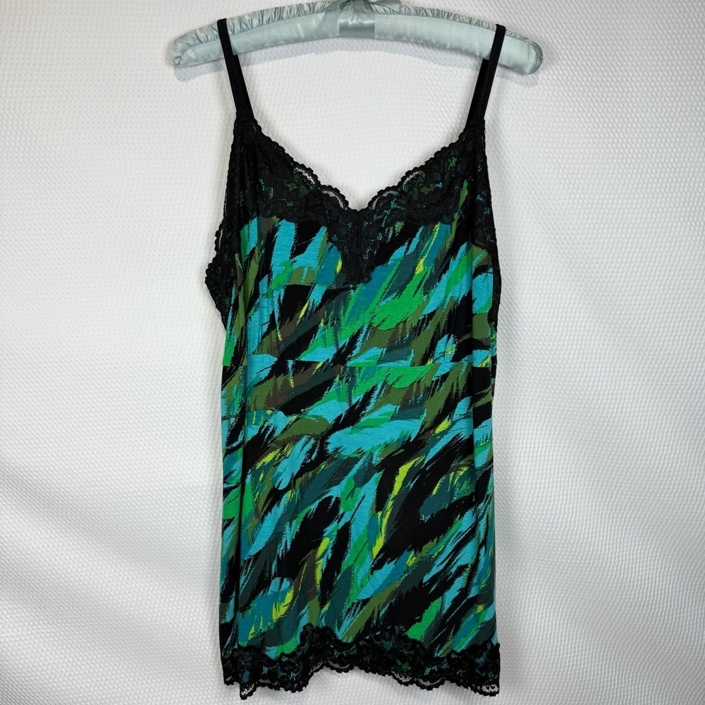 NWT Lane Bryant Sz 18/20 Abstract Design Black & Green Lace Trim Cami Top